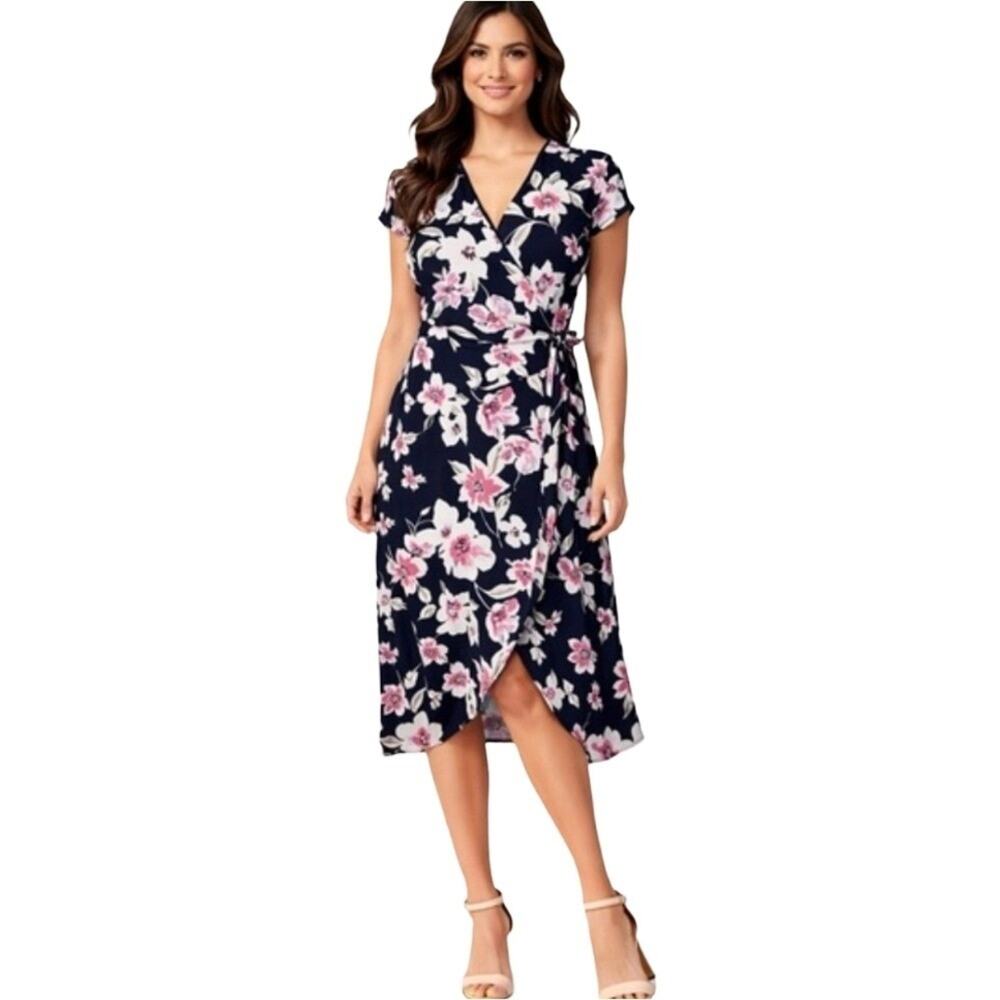 Banana Republic Navy Blue Pink Floral Wrap Midi Dress Womens Size 4 Short Sleeve